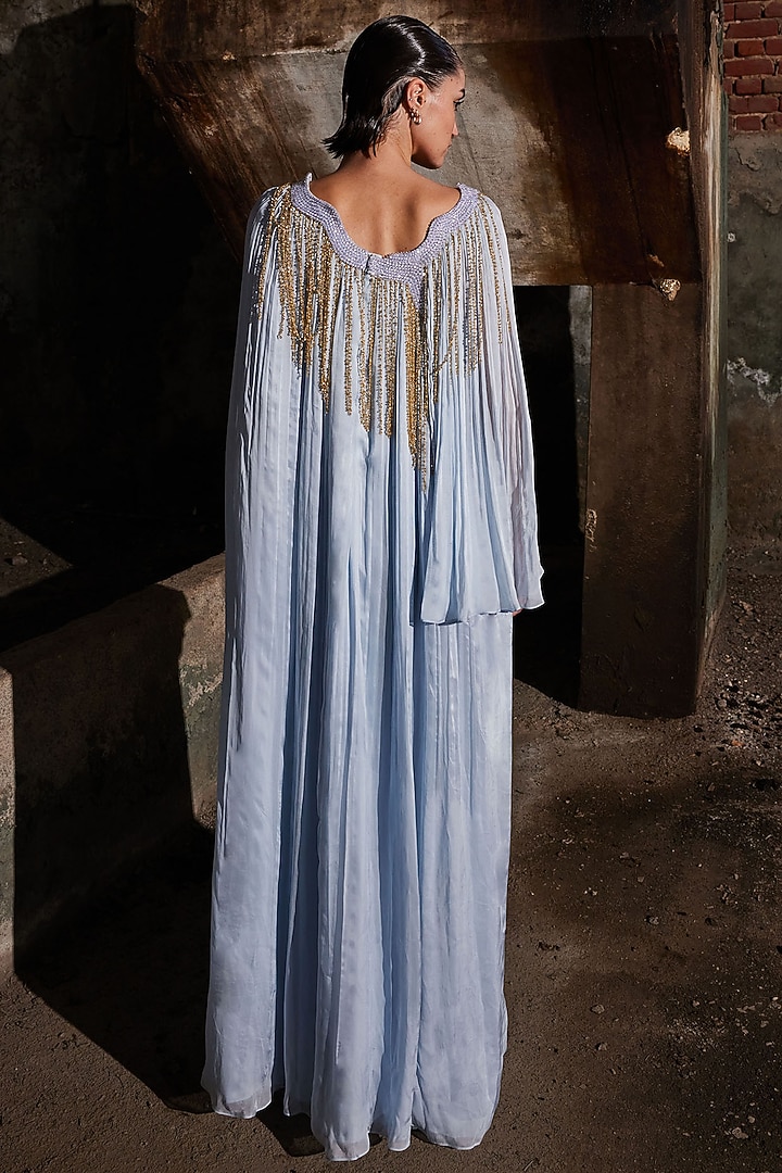 Powder Blue Chiffon Sequins Hand Embroidered Gathered Kaftan by Akhl at Pernia's Pop Up Shop