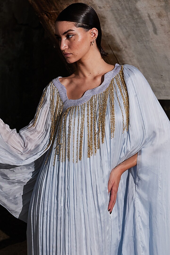 Powder Blue Chiffon Sequins Hand Embroidered Gathered Kaftan by Akhl at Pernia's Pop Up Shop