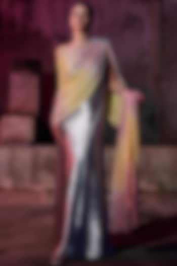 Blush Pink & Yellow Chiffon Tassels Hand Embroidered Draped Saree Dress by Akhl