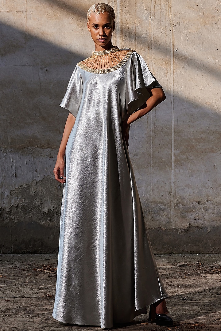 Silver Textured Satin Sequins Hand Embroidered Dress by Akhl