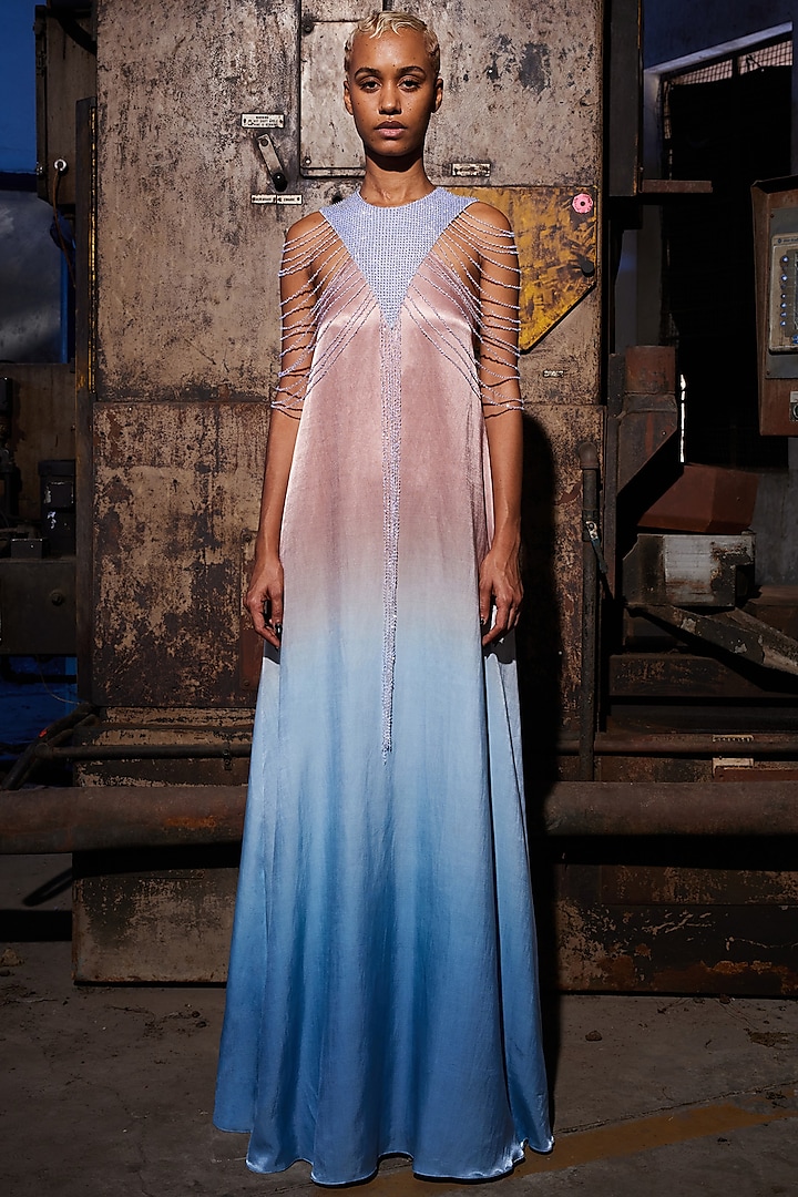 Blush Pink & Blue Matte Satin Tassels Hand Embroidered Dress by Akhl at Pernia's Pop Up Shop