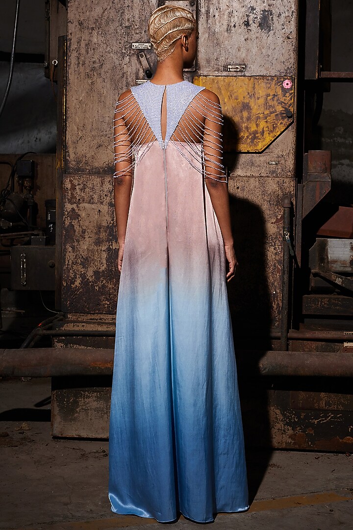 Blush Pink & Blue Matte Satin Tassels Hand Embroidered Cocktail Dress by Akhl at Pernia's Pop Up Shop