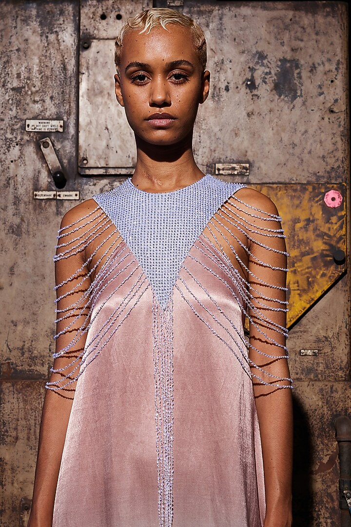 Blush Pink & Blue Matte Satin Tassels Hand Embroidered Cocktail Dress by Akhl at Pernia's Pop Up Shop