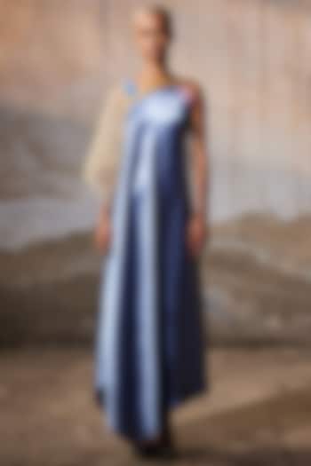 Blue Textured Satin Hand Embroidered Asymmetric Dress by Akhl