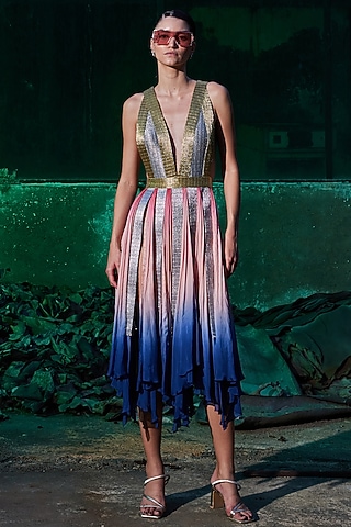 Blush Pink & Navy Blue Chiffon Metallic Hand Embroidered Dress by Akhl