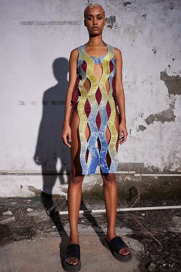 Multi-Colored Glass Yarn & Chiffon Hand Embroidered Dress by Akhl