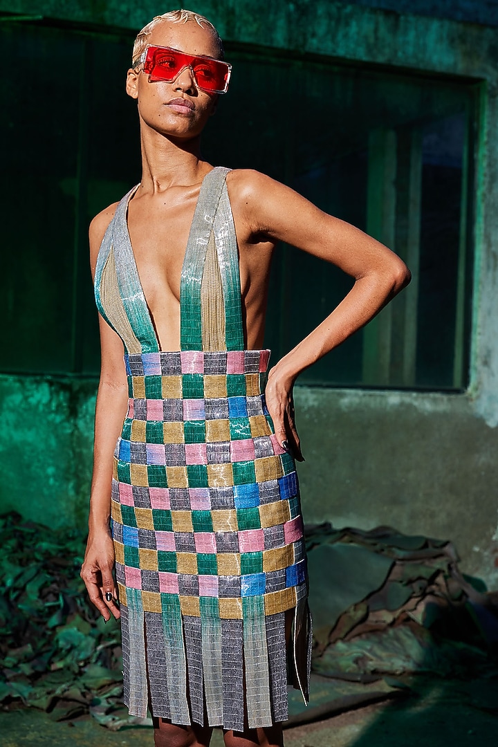Multi-Colored Glass Yarns & Satin Hand Embroidered Party Wear Dress by Akhl at Pernia's Pop Up Shop