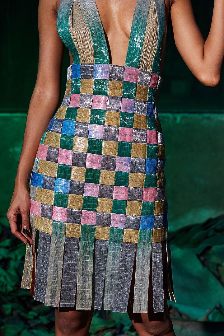 Multi-Colored Glass Yarns & Satin Hand Embroidered Party Wear Dress by Akhl at Pernia's Pop Up Shop