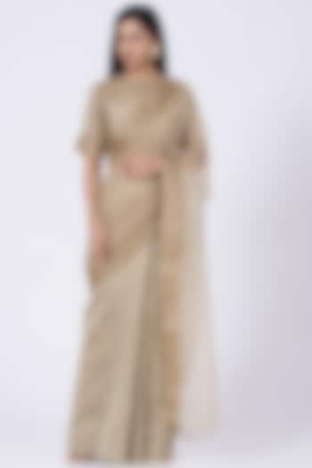 Gold Silk Chanderi Pre-Stitched Saree Set by Amrita KM