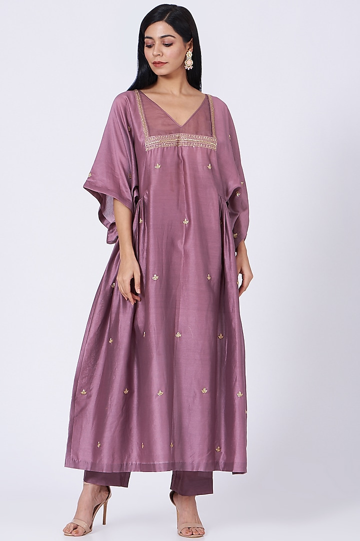 Purple Zardosi Embroidered Kaftan Kurta Set by Amrita KM