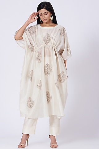 Off-White Silk Chanderi Pant Set by Amrita KM