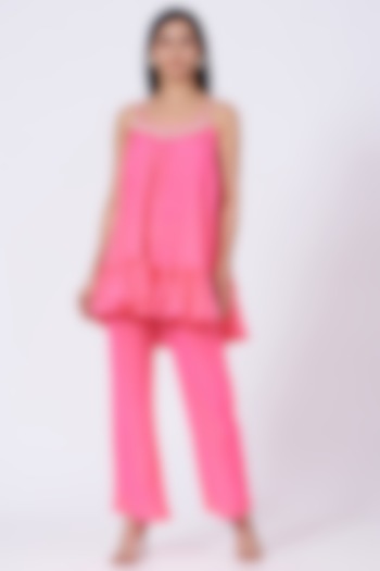 Bright Pink Silk Crepe Pant Set by Amrita KM