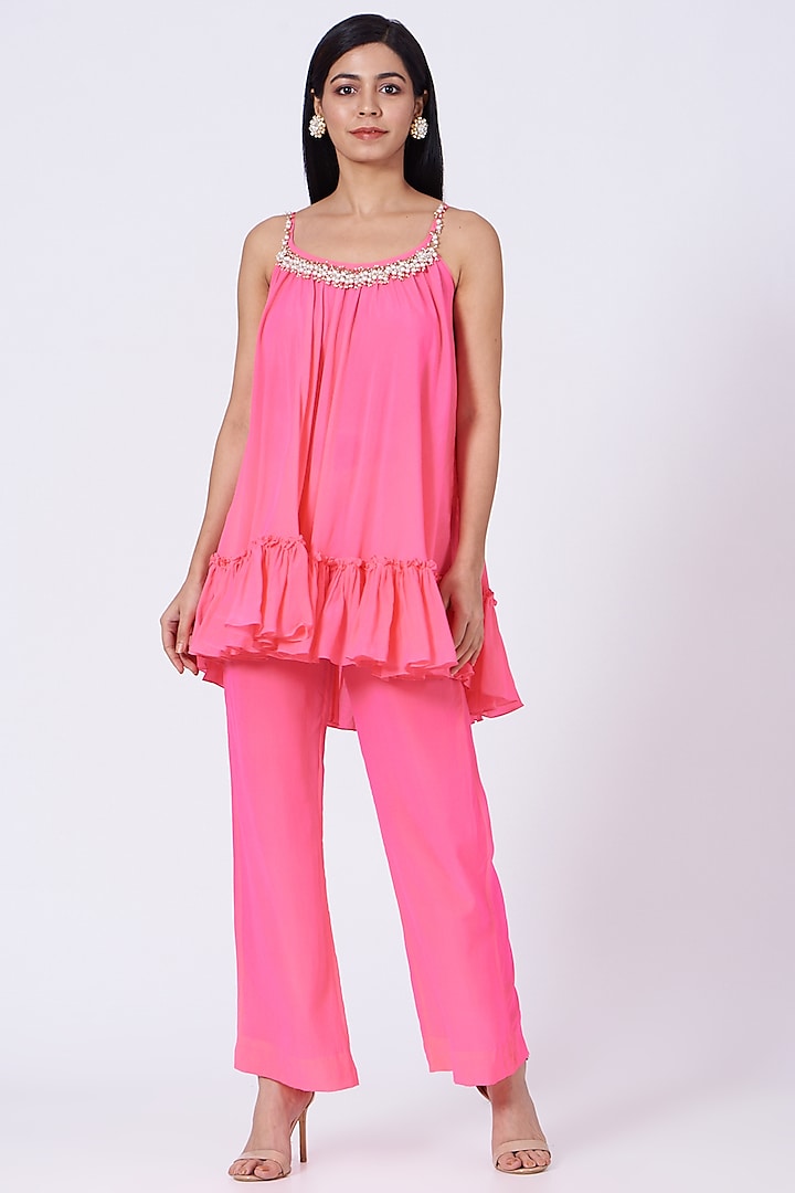 Bright Pink Silk Crepe Pant Set by Amrita KM