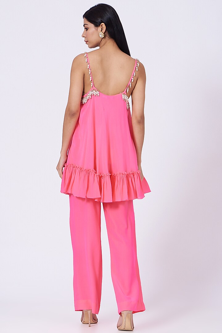 Bright Pink Silk Crepe Pant Set by Amrita KM at Pernia's Pop Up Shop