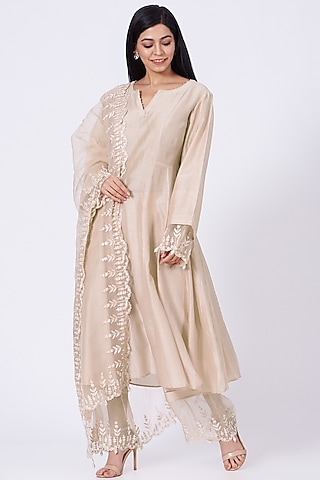 Peach Silk Chanderi Kurta Set by Amrita KM