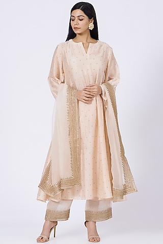 Peach Sequins & Zardosi Embroidered Kurta Set by Amrita KM
