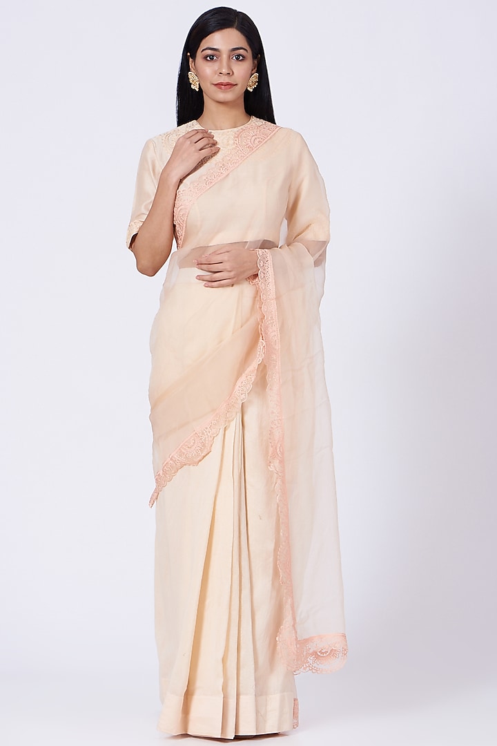 Peach Pre-Stitched Saree With Aari Work by Amrita KM