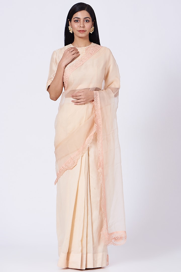 Peach Pre-Stitched Saree With Aari Work by Amrita KM at Pernia's Pop Up Shop