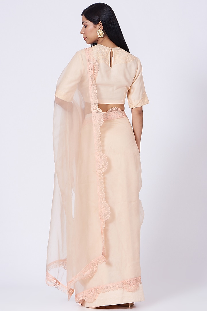 Peach Pre-Stitched Party Wear Saree With Aari Work by Amrita KM at Pernia's Pop Up Shop