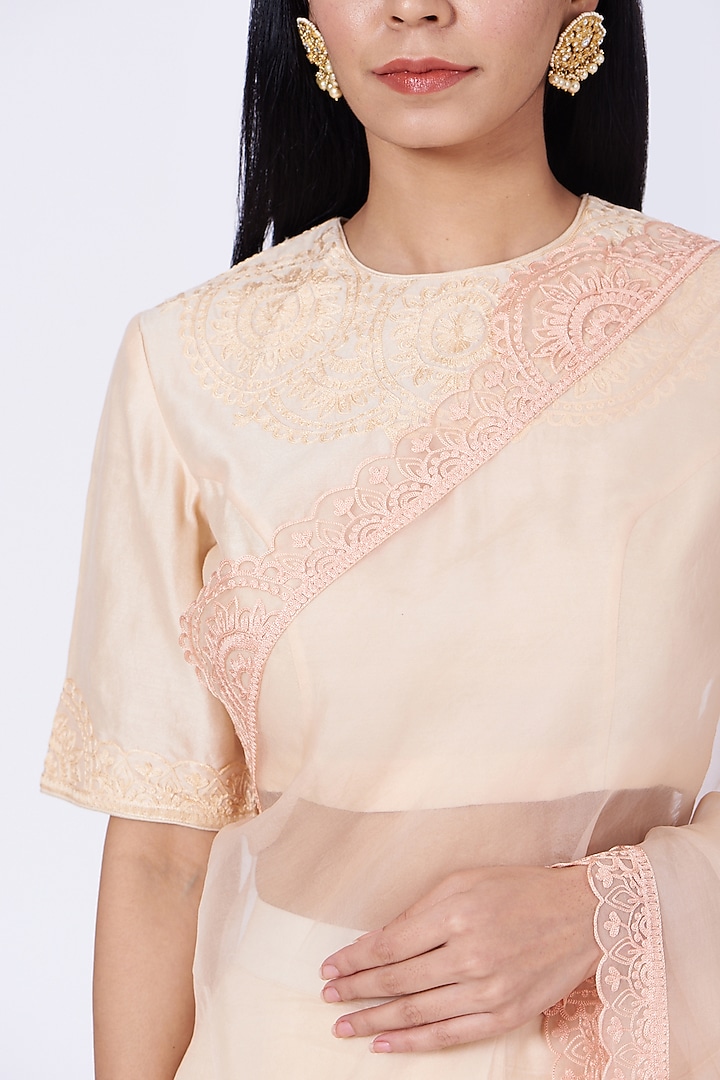 Peach Pre-Stitched Party Wear Saree With Aari Work by Amrita KM at Pernia's Pop Up Shop