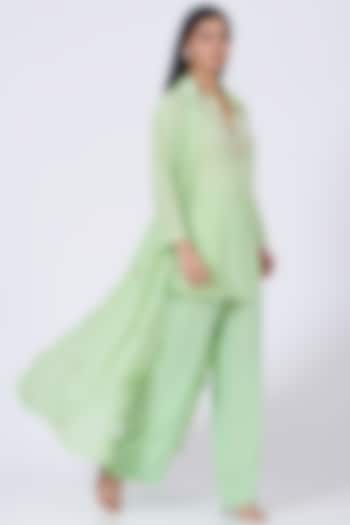 Pista Green Silk Crepe Jacket Set by Amrita KM