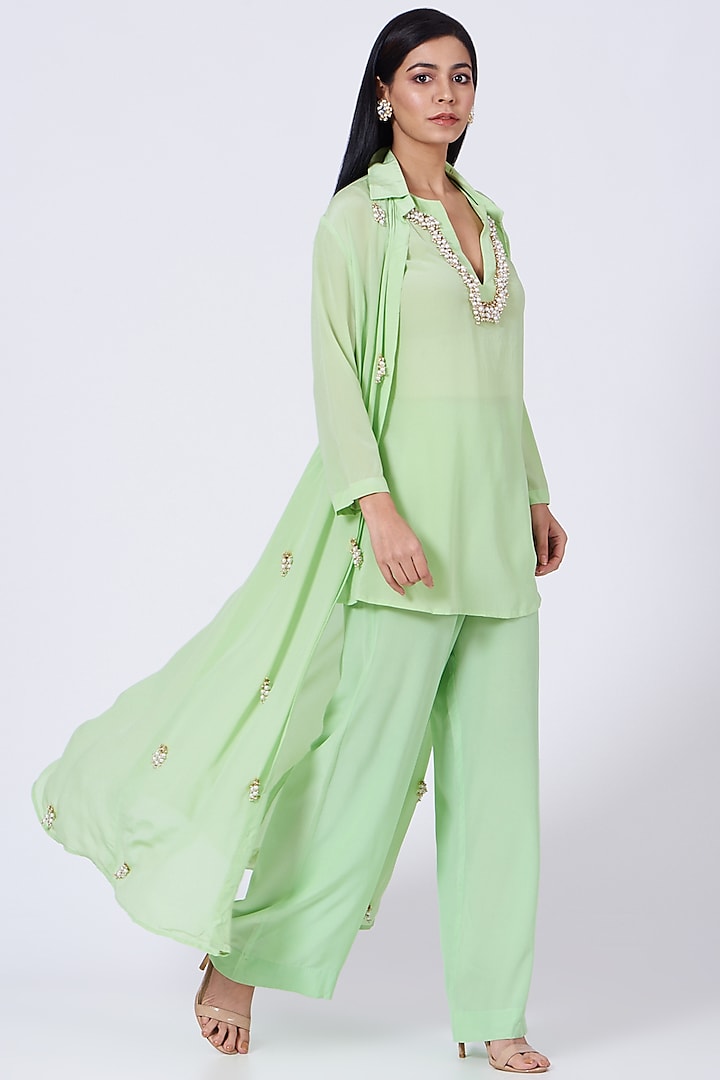Pista Green Silk Crepe Jacket Set by Amrita KM