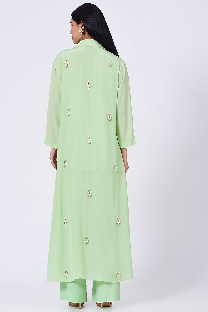 Pista Green Silk Crepe Jacket Set by Amrita KM at Pernia's Pop Up Shop