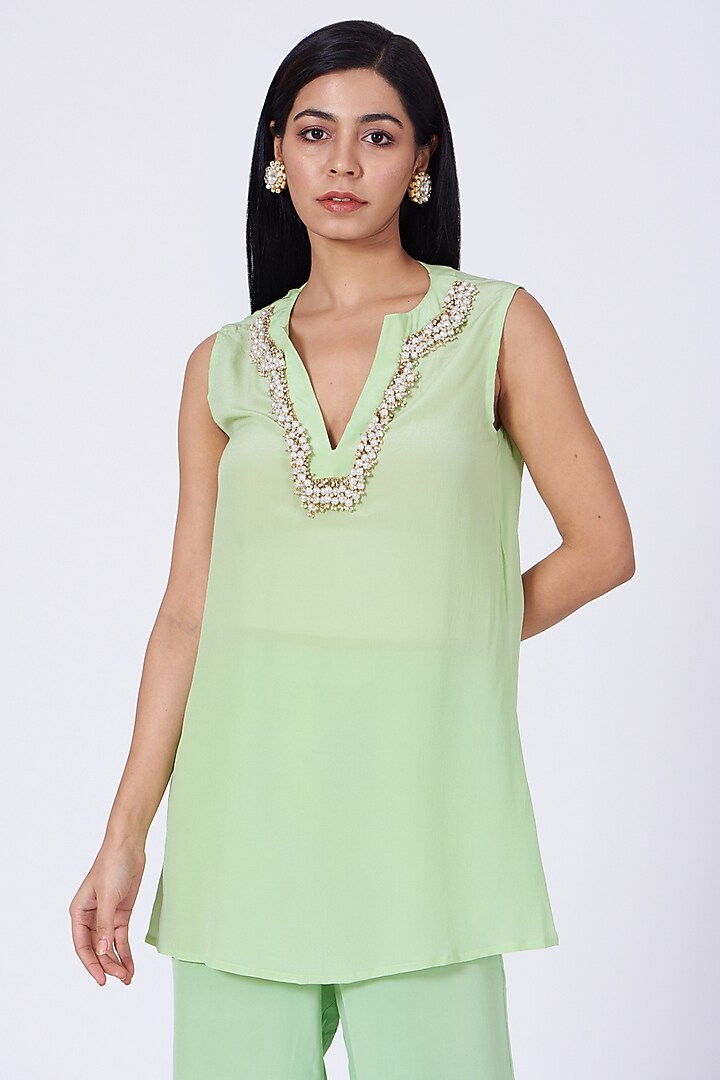 Pista Green Silk Crepe Jacket Set by Amrita KM at Pernia's Pop Up Shop