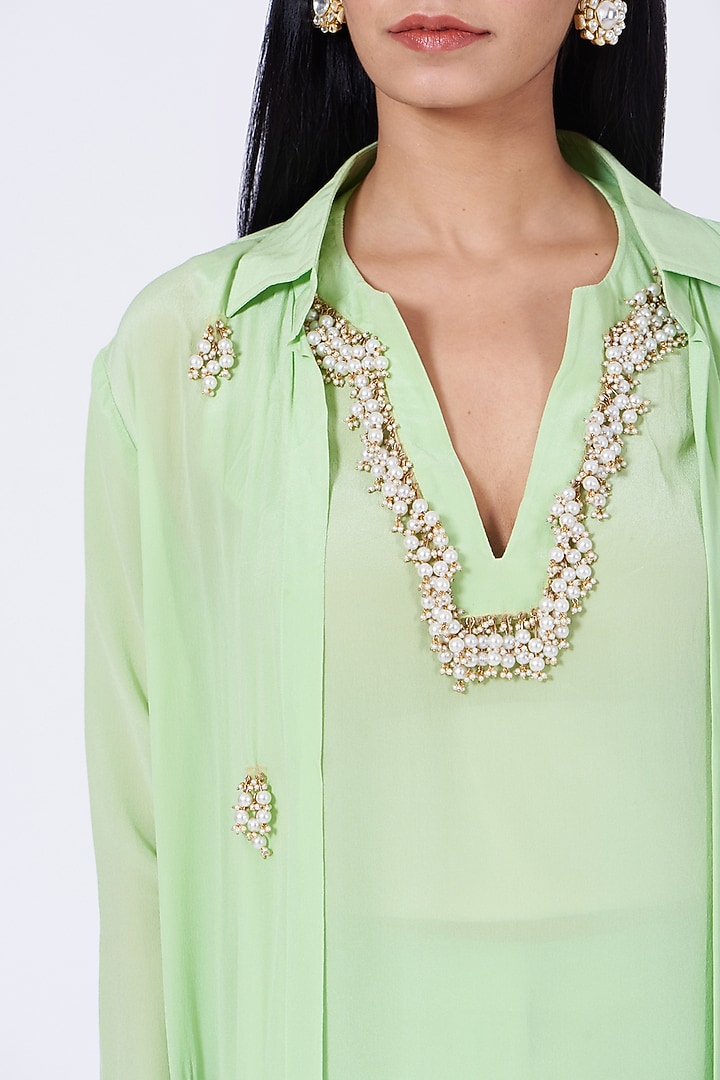 Pista Green Silk Crepe Jacket Set by Amrita KM at Pernia's Pop Up Shop