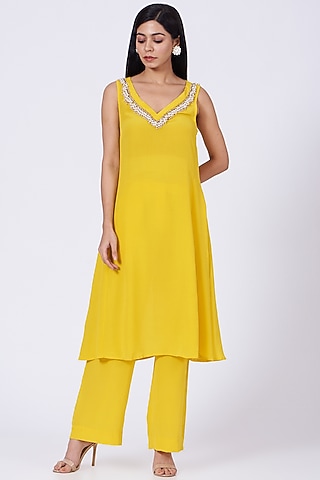 Yellow Embellished Tunic Set by Amrita KM