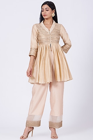 Peach Zardosi Embroidered Jacket Set by Amrita KM