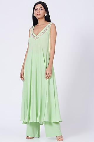 Pista Green Embellished Kurta Set by Amrita KM