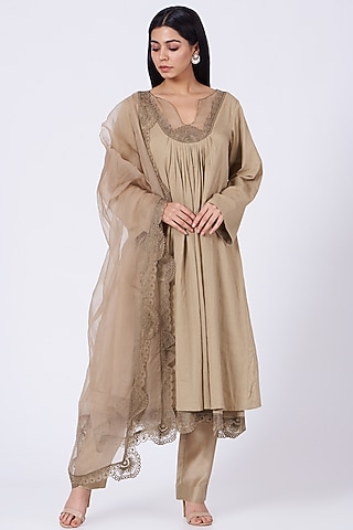 Gold Aari Embroidered A-Line Kurta Set by Amrita KM