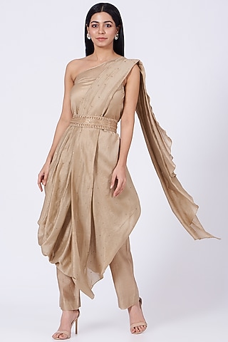 Gold Silk Chanderi Pant Set With Drape by Amrita KM