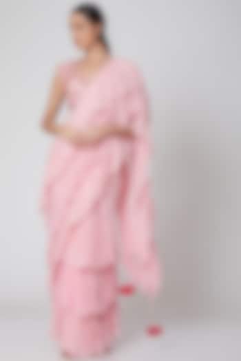 Blush Pink Embroidered Ruffled Saree Set by Amrita KM