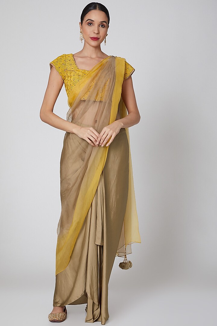 Yellow & Gold Pre Draped Embroidered Saree Set by Amrita KM