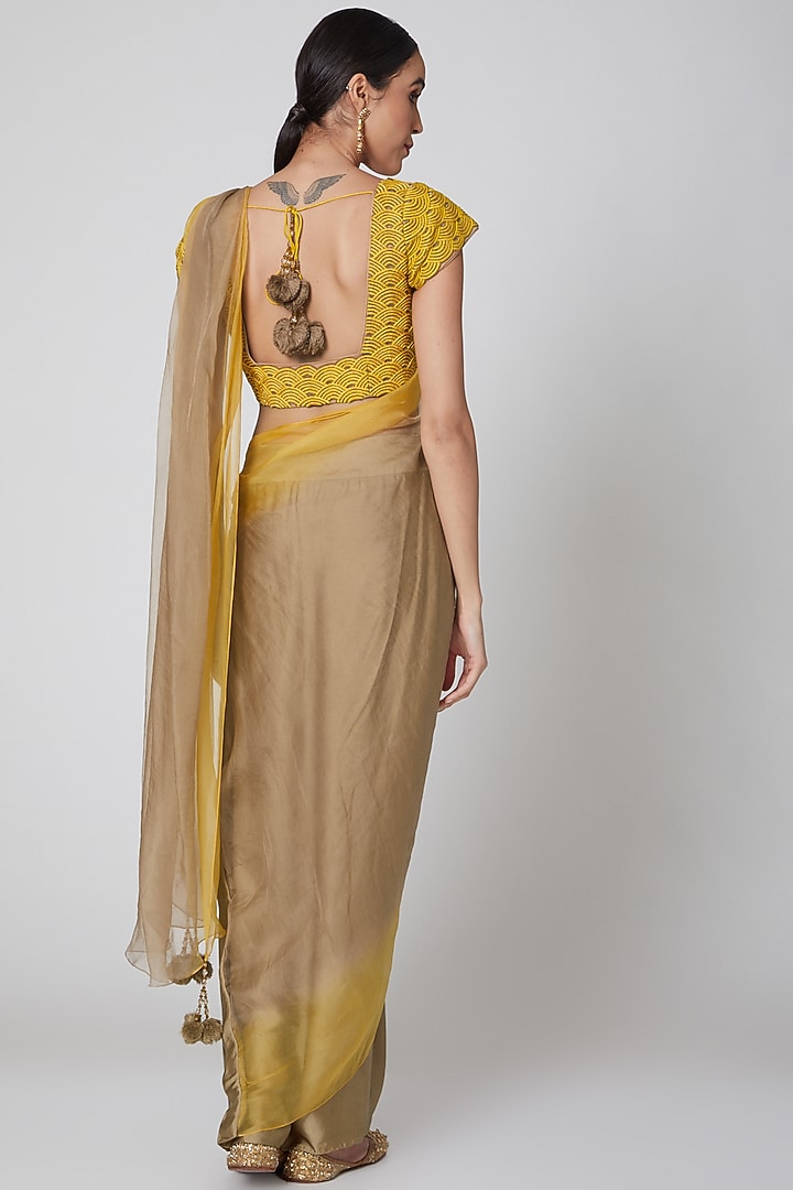 Yellow & Gold Pre Draped Embroidered Party Wear Saree Set by Amrita KM at Pernia's Pop Up Shop