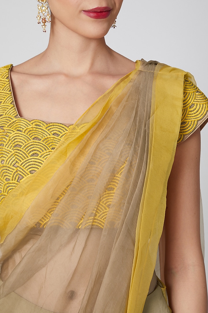 Yellow & Gold Pre Draped Embroidered Party Wear Saree Set by Amrita KM at Pernia's Pop Up Shop