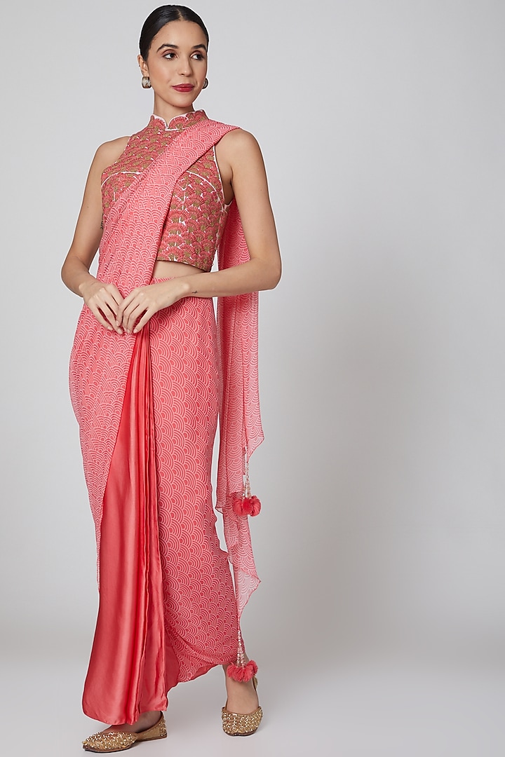 Blush Pink Embroidered Draped Saree Set by Amrita KM