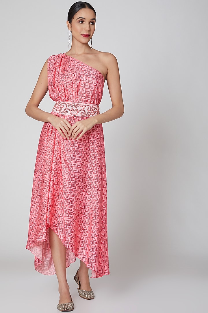 Blush Pink One Shoulder Draped Dress by Amrita KM