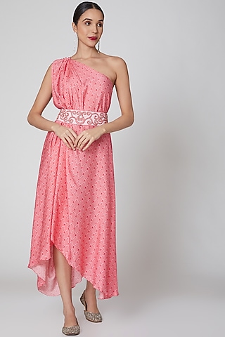 Blush Pink One Shoulder Draped Dress by Amrita KM