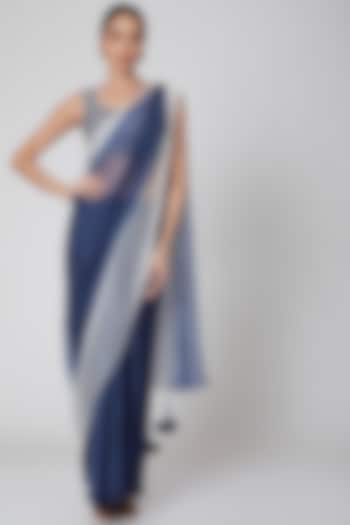 Navy Blue & White Embroidered Pre-Draped Saree Set by Amrita KM