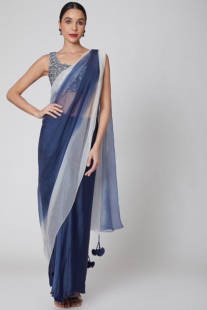 Navy Blue & White Embroidered Pre-Draped Saree Set by Amrita KM