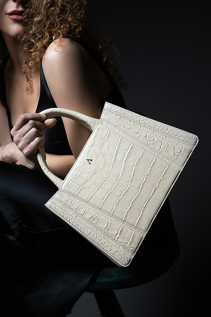 White Genuine Italian Leather Metallic Embellished & Gold Embossed Handbag by Akinna Milano at Pernia's Pop Up Shop