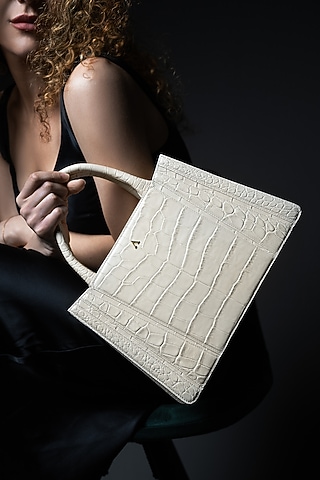 White Genuine Leather Metallic Embellished & Gold Embossed Handbag by Akinna