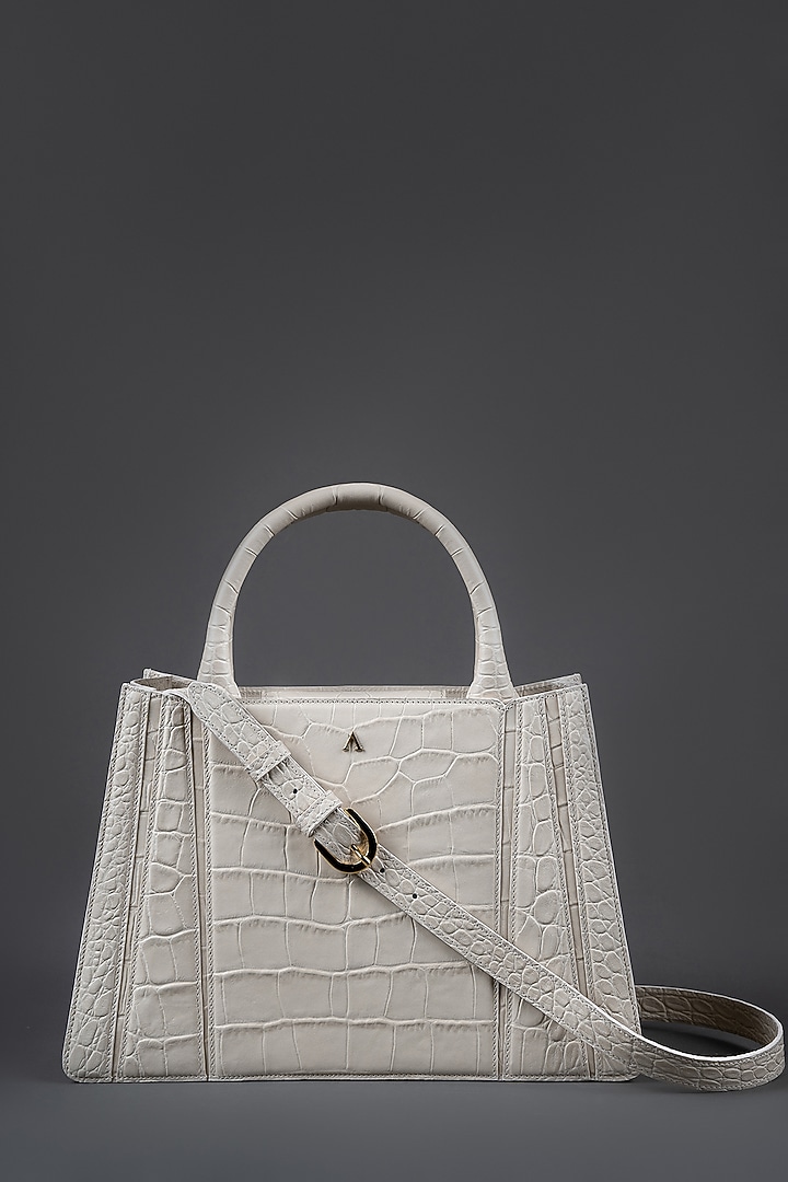 White Genuine Leather Metallic Embellished & Gold Embossed Handbag by Akinna at Pernia's Pop Up Shop