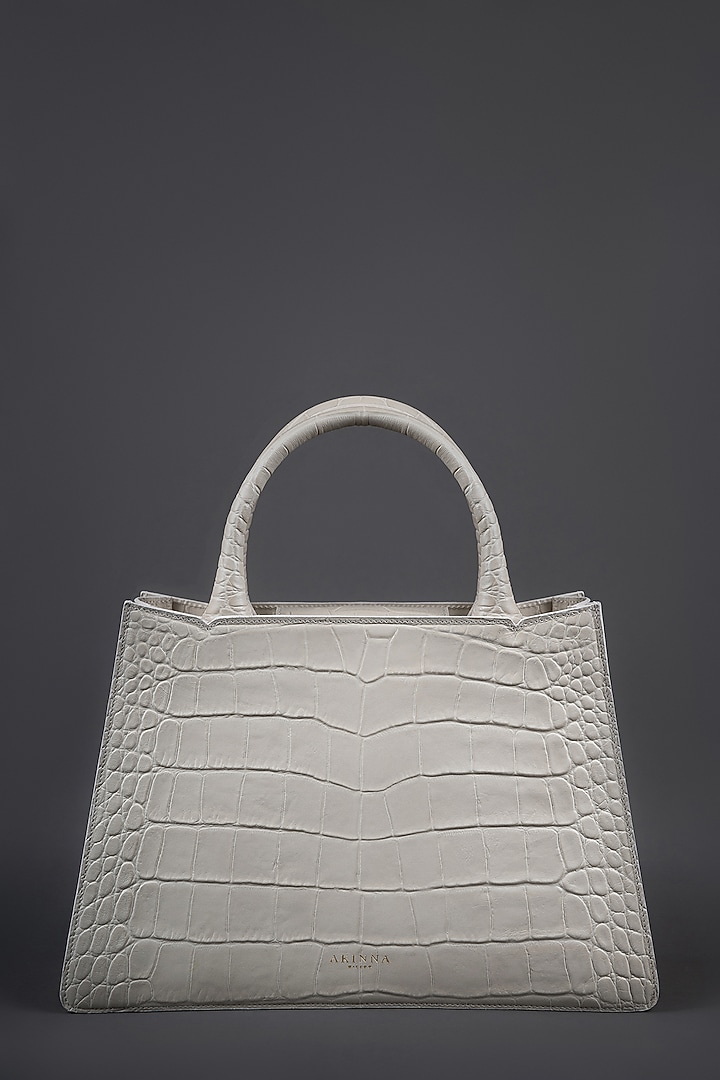 White Genuine Leather Metallic Embellished & Gold Embossed Handbag by Akinna at Pernia's Pop Up Shop