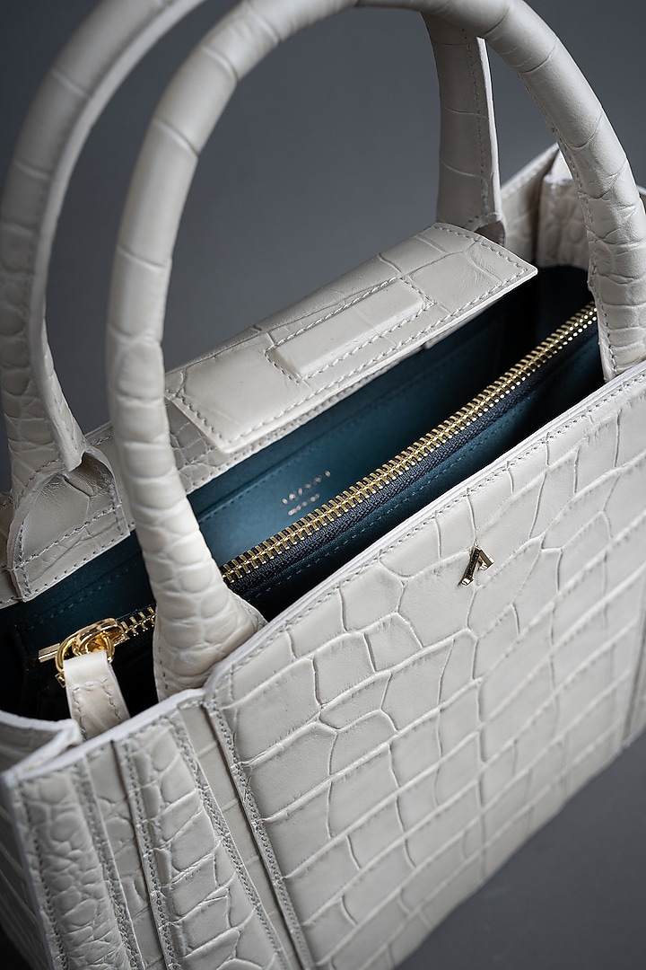 White Genuine Leather Metallic Embellished & Gold Embossed Handbag by Akinna at Pernia's Pop Up Shop