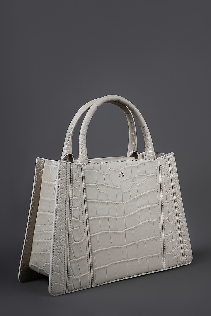 White Genuine Leather Metallic Embellished & Gold Embossed Handbag by Akinna at Pernia's Pop Up Shop