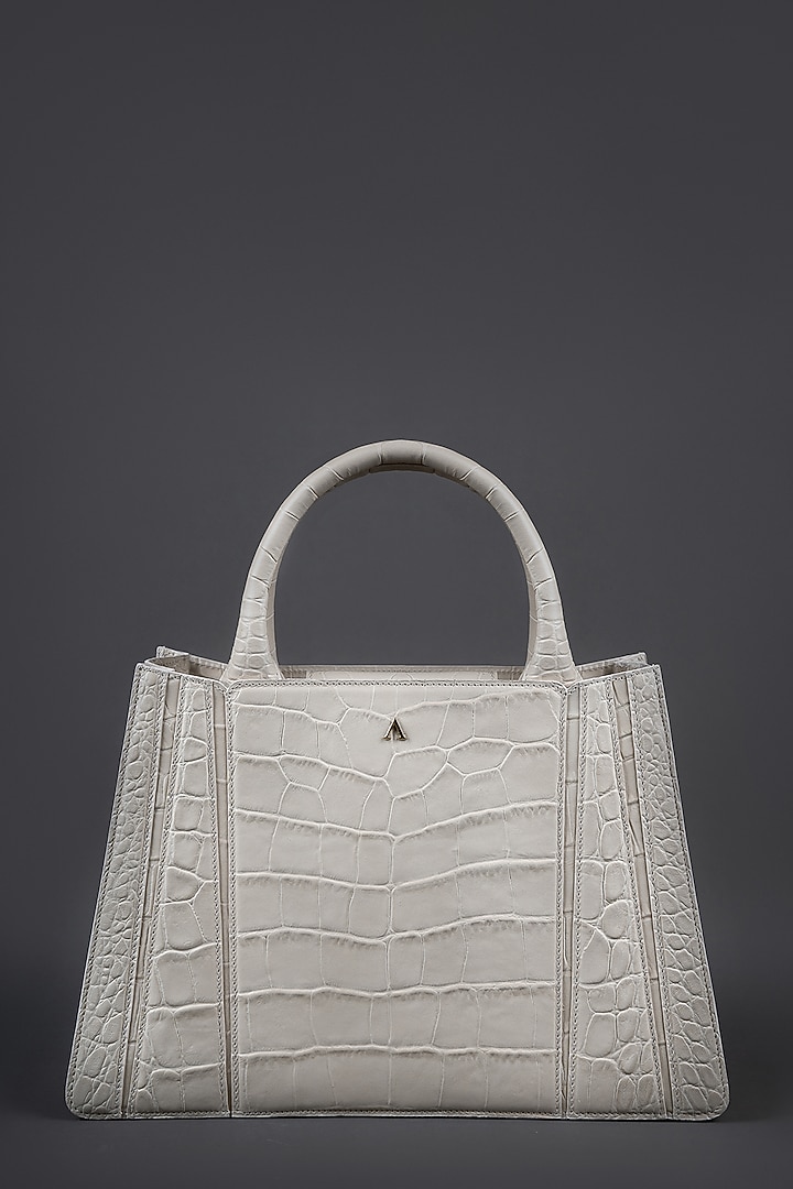 White Genuine Leather Metallic Embellished & Gold Embossed Handbag by Akinna at Pernia's Pop Up Shop